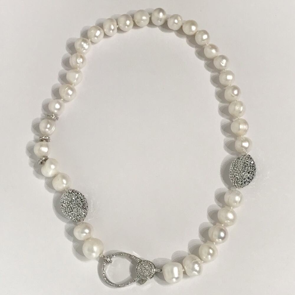 Real 14mm Pearl Necklace Large CZ Clasp Pave Crystal 21" Hand Knotted Chunky VTG